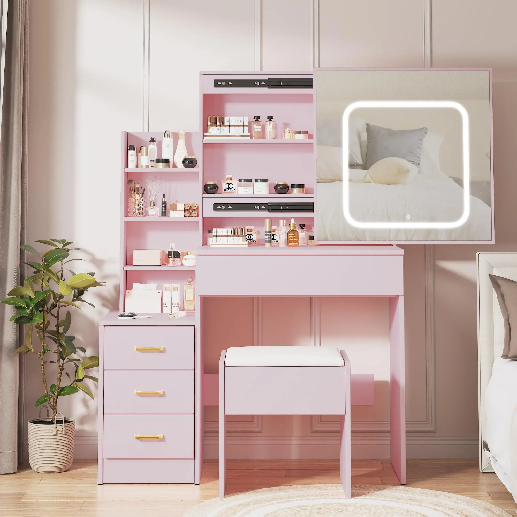 GARVEEVanity Desk with Sliding Mirror and Lights, Makeup Vanity Set with 4 Drawers, Stool, Power Outlet, Open Shelves, 3 Color Adjustable Lighting Modes, Makeup Dressing Table for Bedroom, Pink