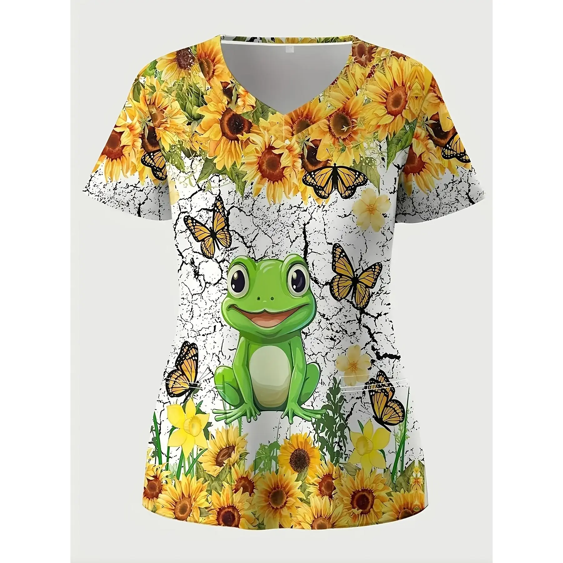 Women'S Stylish Short-Sleeve V-Neck Top, Featuring a Yellow Sunflower Frog Print, Casual And Comfortable Nurse Uniform with Pockets