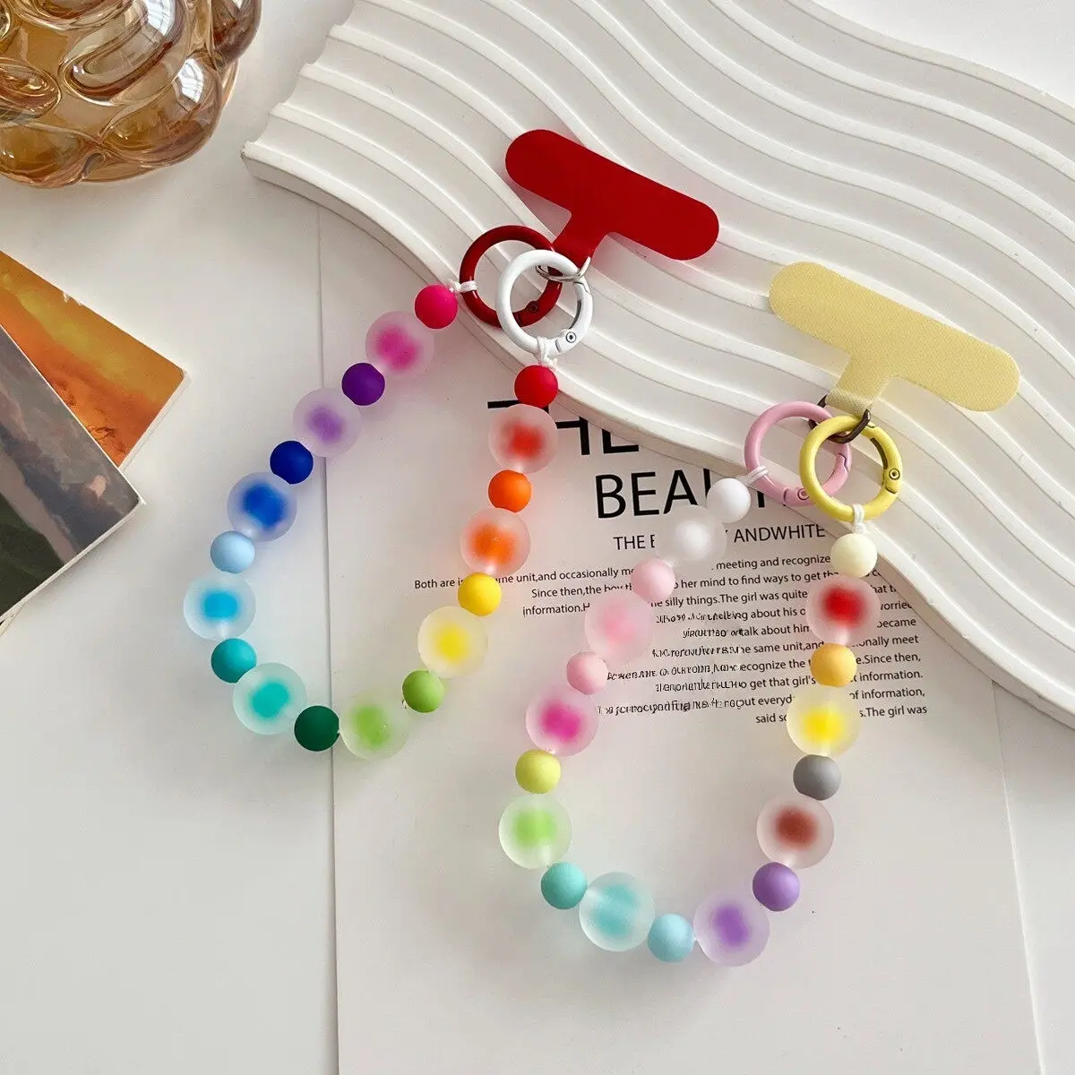 Dopamine Phone Strap Ornament, Rubber Frosted Rainbow Jelly Beads Anti-Loss Double Buckle Lanyard for Phones, Cameras, Water Bottles Smartphone Cellphone