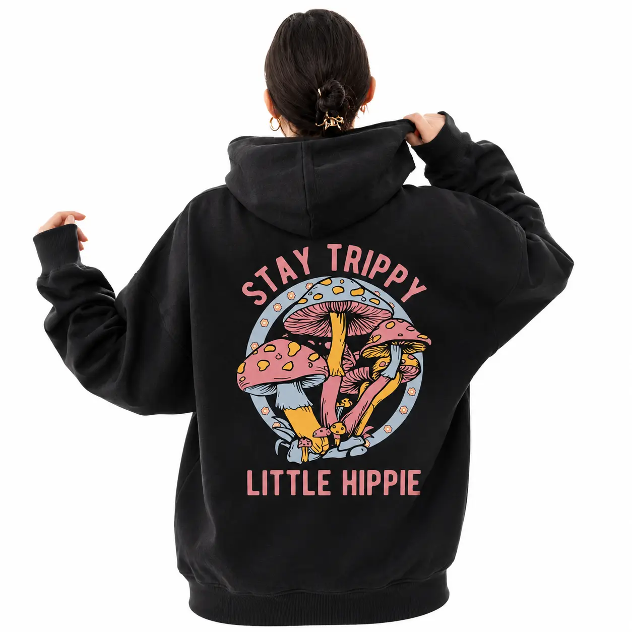 Women's Casual Fashion Hoodie Sweatshirts - Mushroom Graphics Print, Cozy Polyester Fabric, Relaxed Fit, Machine Washable, Drawstring Hood, Bohemian Apparel with "Stay Trippy Little Hippie" Charm, Womens Gifts, Graphic Hoodies, Hoodies For Women