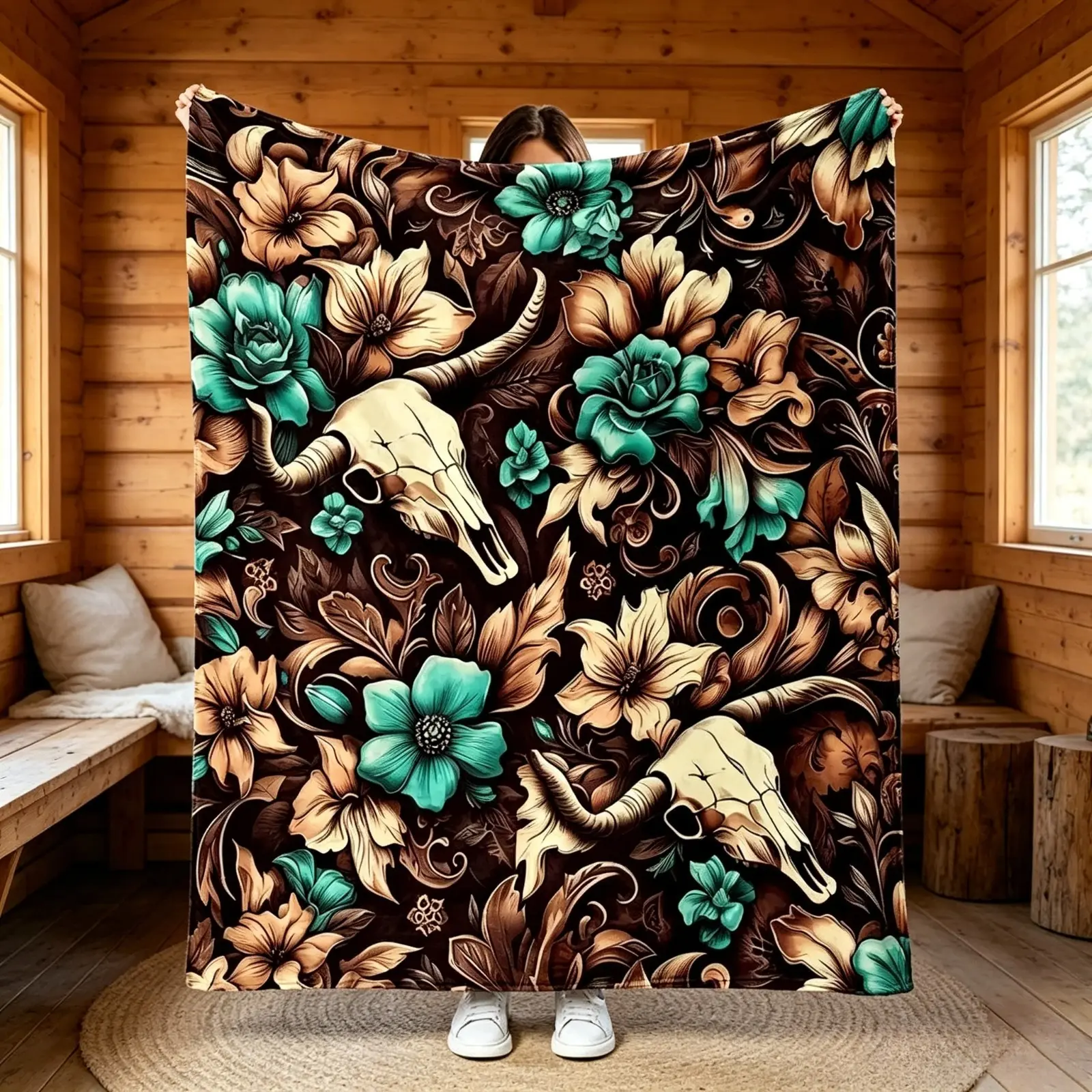 Ultra Soft Vintage Floral Bull Skull Flannel Throw Blanket Boho Western Aesthetic Lightweight AC Blanket Kids Adults Sofa Bed Bedroom Living Room Office Travel Camping Movie Night Home Decor Gift Thanksgiving Christmas Halloween Viral Blanket