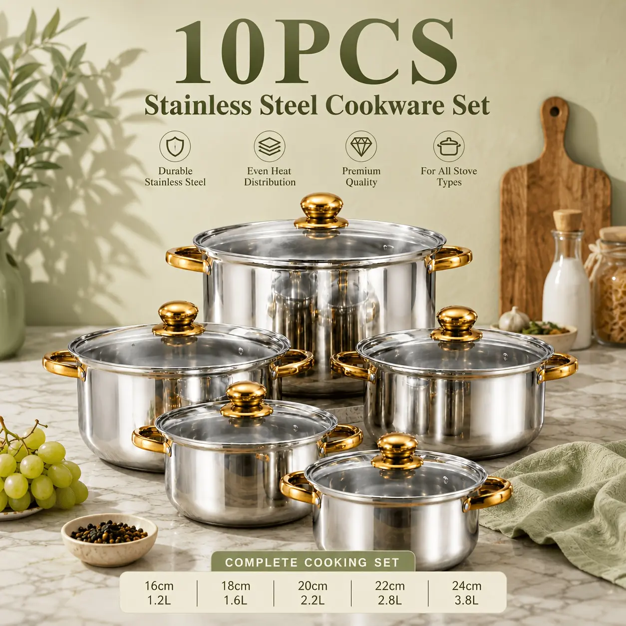 Stainless steel kitchenware set, Cookware, including saucepan and frying pan set, with lid, non-toxic, oven and dishwasher safe, suitable for induction cooker, fast heating, uniform heat conduction, home cooking, gold