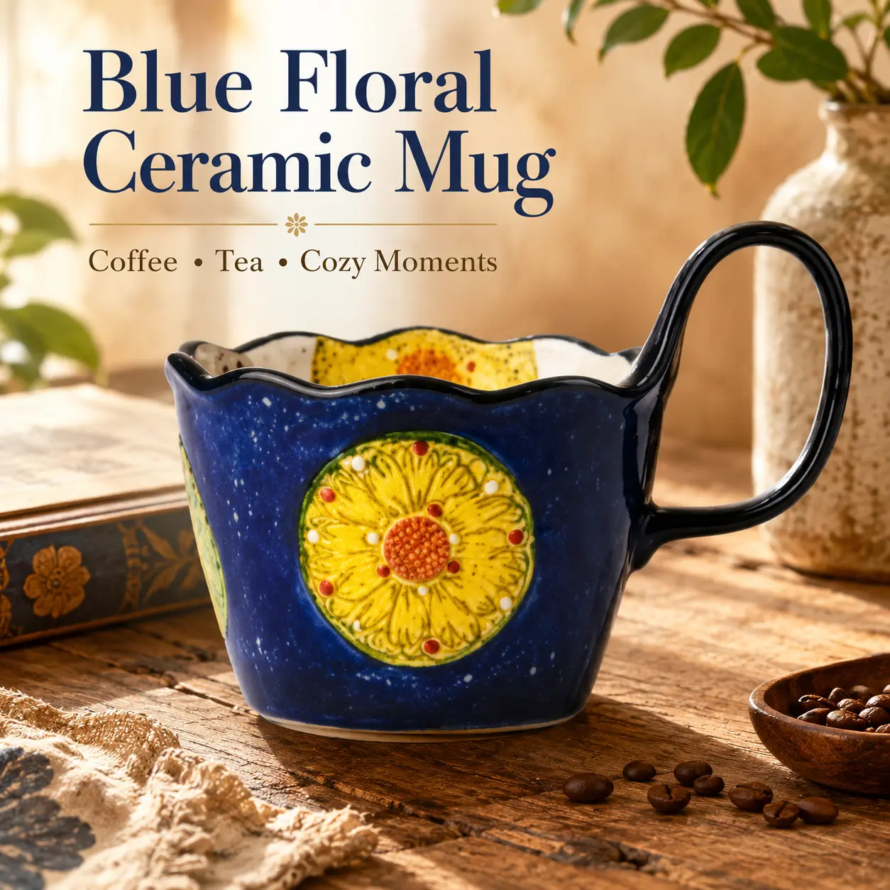 Blue Floral Ceramic Mug with Large Handle, Vintage Hand Painted Coffee Cup, Unique Aesthetic Tea Mug for Women, Artistic Pottery Drinkware for Coffee, Tea, Latte & Cocoa, Beautiful Gift for Mom, Friends & Coffee Lovers