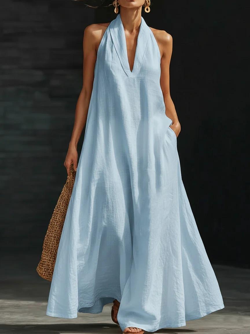 European and American new 2026 summer women's casual solid color V-neck dress