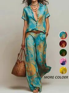 Casual Vacation Style Blouse with Geometric Print and Pocketed Pants Set, Loose-Fit Short Sleeve Top, All-Season