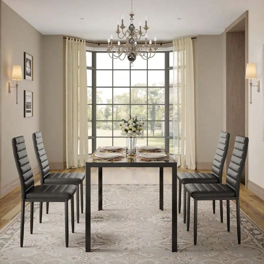 [2 Packages Shipping]Dining Table Set 4, 5 Piece Glass Dining Table Set With Dining Chairs (Upholstered PU Chairs) And Metal Steel Frame, Modern Dining Table And Dining Chairs Dining Room, Home,Living Room