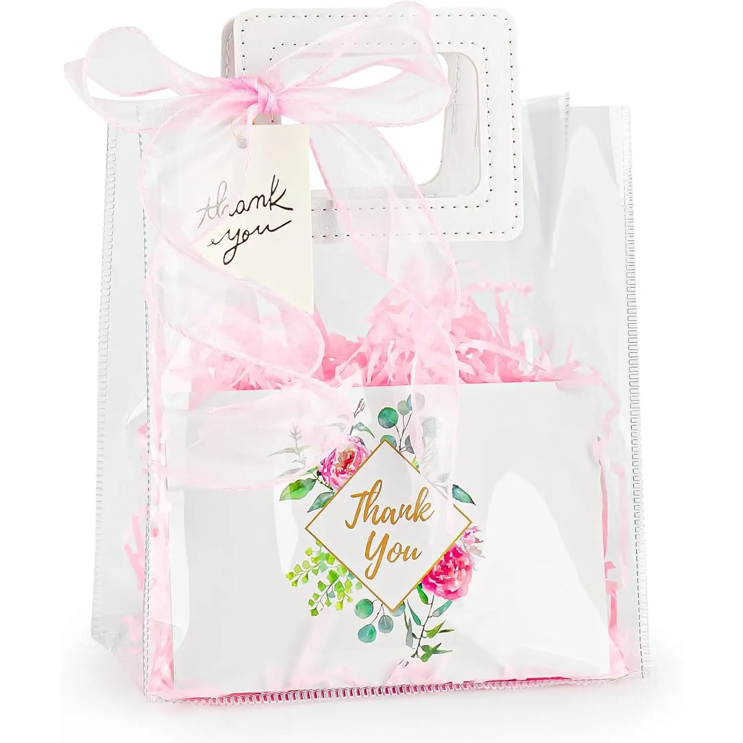 Clear  Bags with Handles &Raffia Grass& Ribbon & Thank You Card | 1 Pack Transparent  Bags Party Favor Bags with Thank You Greeting Cards for Birthday Wedding Bridal  Shower Party