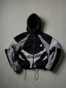 Men Geometric Color Block Sherpa Fleece Hooded Insulated Jacket, Full Zip Drawstring Hem Warm Thick Zip Pocket Loose Baggy Crop Outerwear Techwear Street Coat for Fall Winter US S-XXL