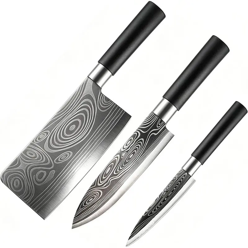 Damascus Knife Set 3, Chef's knife Japanese Knife Set | Fruit Knife, Chef's Knife, Bone Cleaver Chef Knife Set