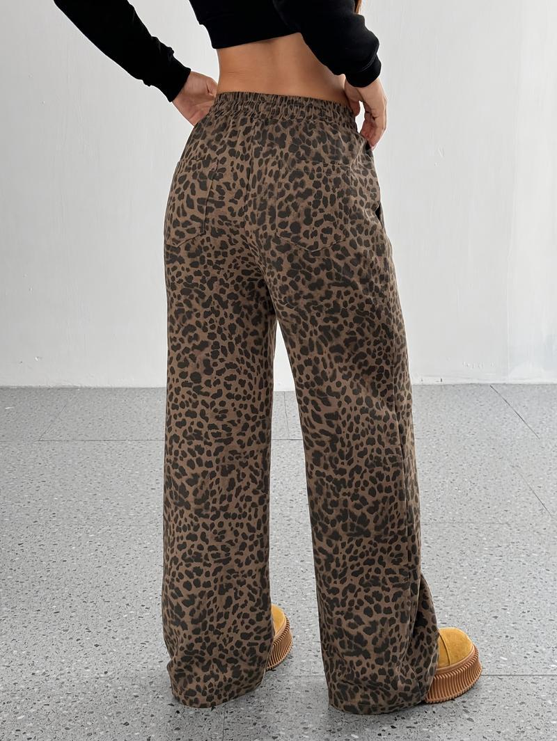 Leopard Print Drawstring Straight-Leg Pants for Women - Casual, Non-Stretch Polyester Blend, Machine Washable - for Spring/Summer/Fall