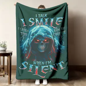 2026 Latest Releases: 1pc Edgy Skull Design Flannel Blanket - Vintage Style, Machine Washable, Suitable for All Seasons, Perfect for Home, Camping, And Travel - Striking Graphic with Hooded Skeleton And Lightning Strikes, Wearable Blanket