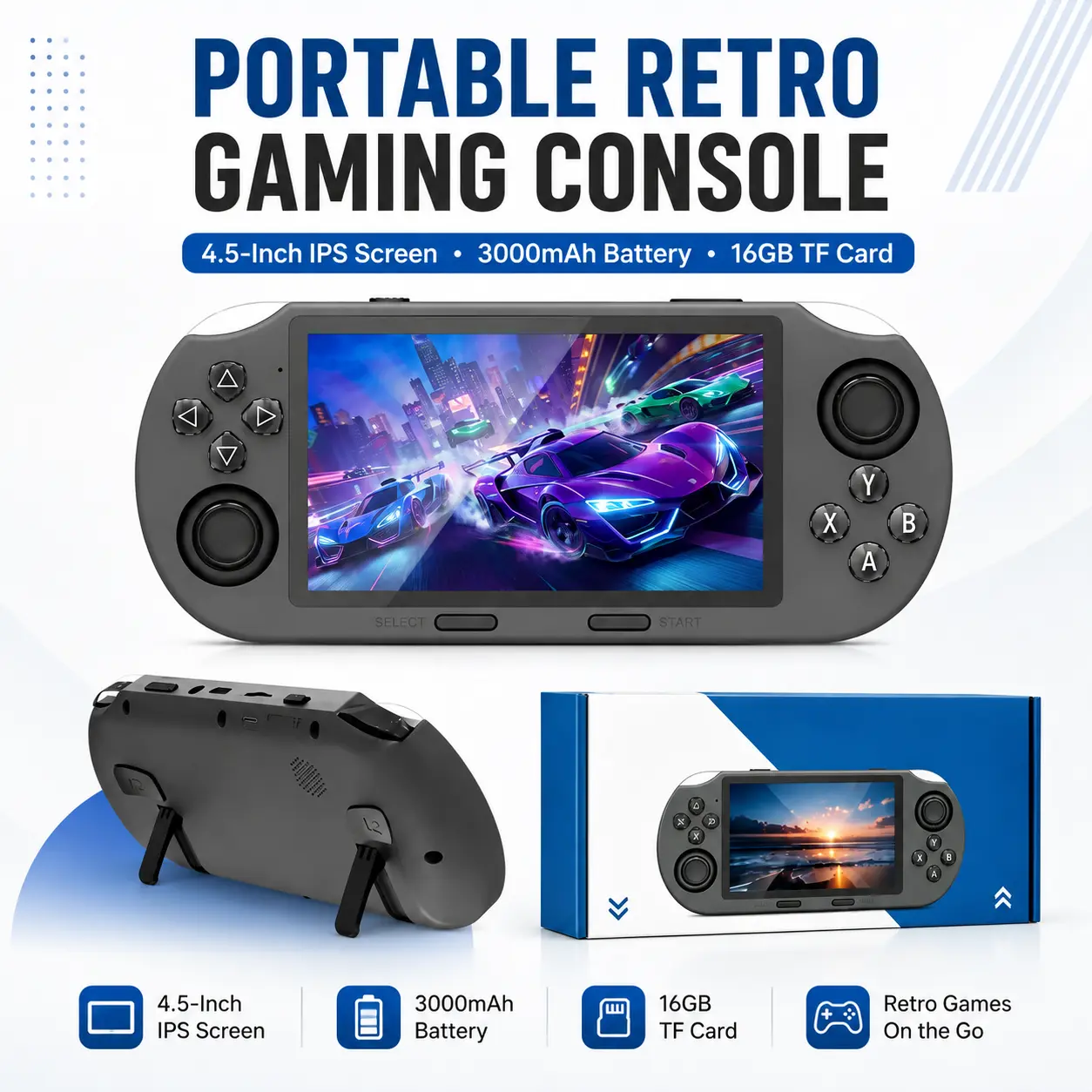 Portable Retro Handheld Gaming Console - 4.5-Inch 854x480 IPS Screen, Linux OS, 3000mAh Rechargeable Battery, 16GB TF Card, Compact Mini Game Player for Travel & Gamer Gifts, Device