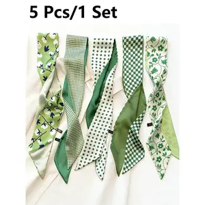5 Pcs / 1 Set Elegant French Flower Plaid Polka Dot Scarf Set, Vintage Hairband, Woven Ribbon, Multifunctional Scarf, Neck Scarf, Bag Accessory, Floral Pattern Shawl, Polyester Material