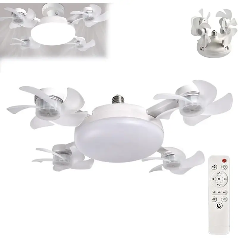 E27 Socket Ceiling Fan Light 2 in 1 Silent LED Fan with Remote Control, E27 Screw in Ceiling Fan in Light Socket, 3 Color and 3-Speeds Adjustable, Easy Install for Home (4-Heads)
