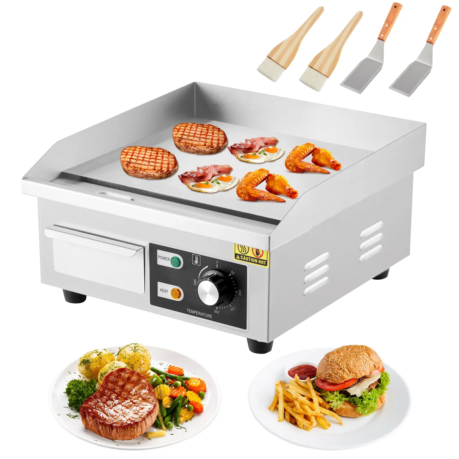 15" Stainless Steel Commercial Nonstick Griddle - 1500W, 110V, Up to 572°F, Stainless Steel Grilling Appliance with 2 Shovels & 2 Brushes