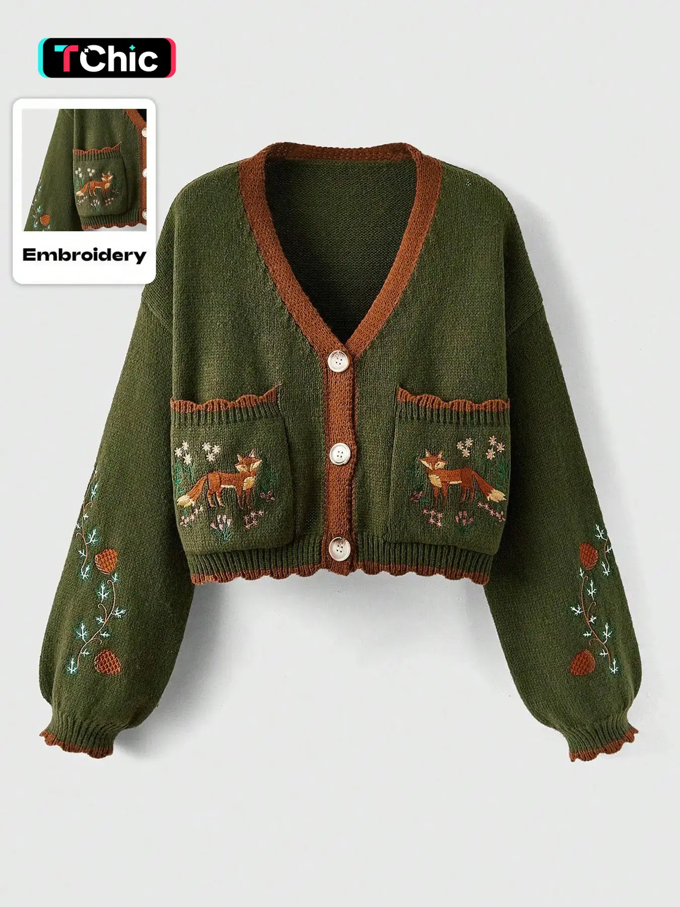 Women's V Neck Button Front Fox Embroidery Pocket Loose Knit Cardigan, Casual Short Sweater for Fall & Winter, Ladies Fashion Outerwear