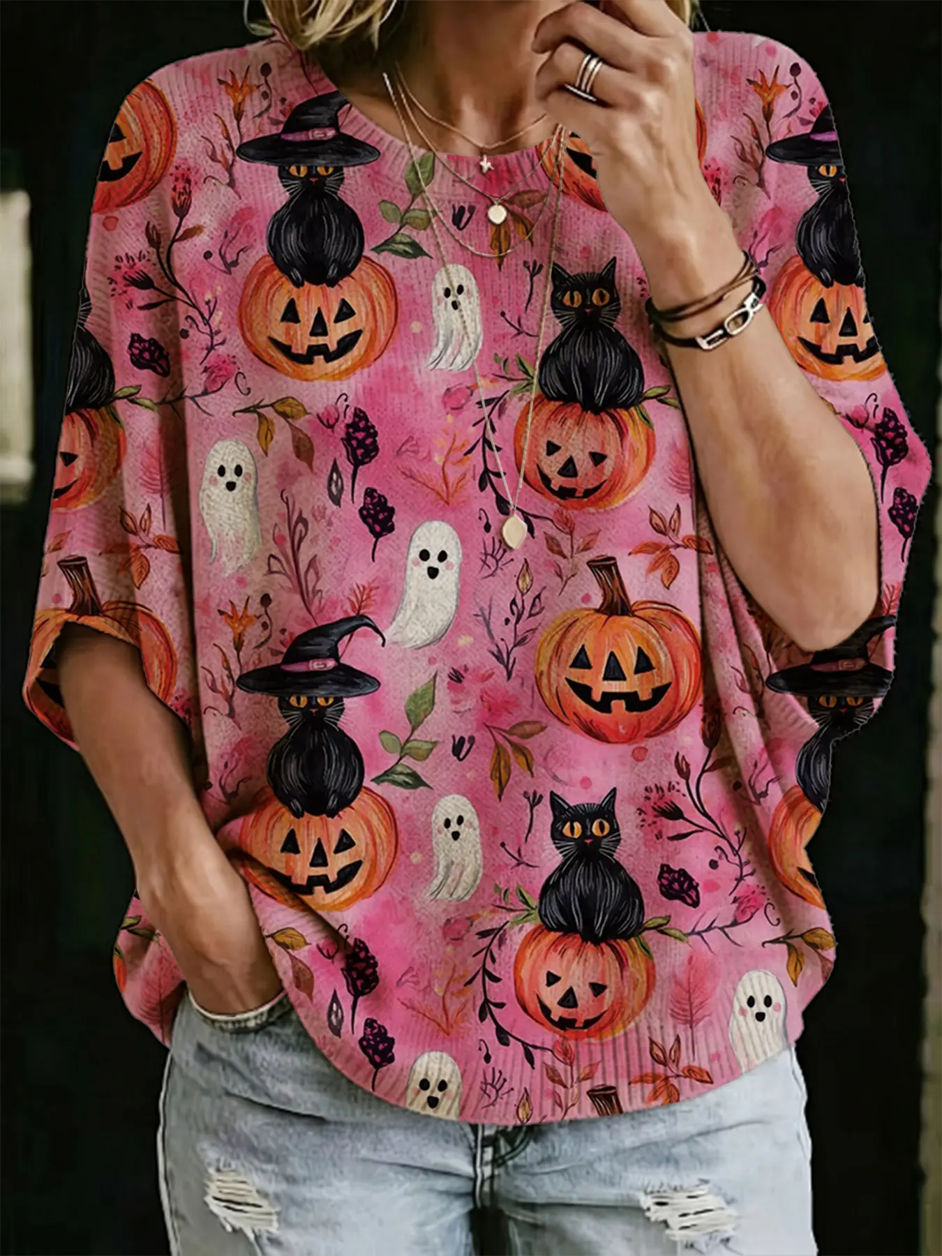 Women Halloween Print Knit Top Khaki Long Sleeve Sweater Casual Commuter Knitwear All Season Daily Outerwear Fashion Ladies Basic Knitted Shirt