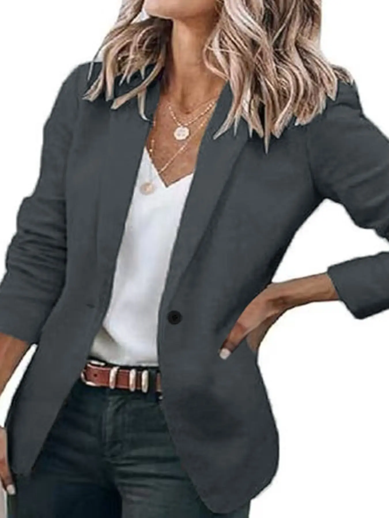 Everyday Versatile Classic Blazer Jacket, Single Button Slim Waist 3/4 Sleeve Suit Coat, Pocket Casual Outerwear Match With Jeans