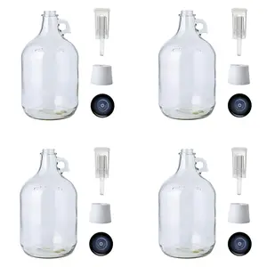 4-Pack 1G Clear Glass Jugs with Polyseal Caps, 6.5G Rubber Bungs & 3-Piece Airlocks – Fermentation Jars for Home Brewing, Glass Fermenter Containers for Liquid Fermentation
