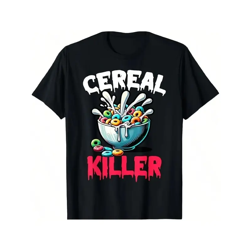 Men's Black  Casual Short-Sleeve Graphic T-Shirt - Menswear Top with Fun Cereal Killer Print, Cereal Bowl Murder Scene Design, for Comic Conventions & Everyday Wear sohochic