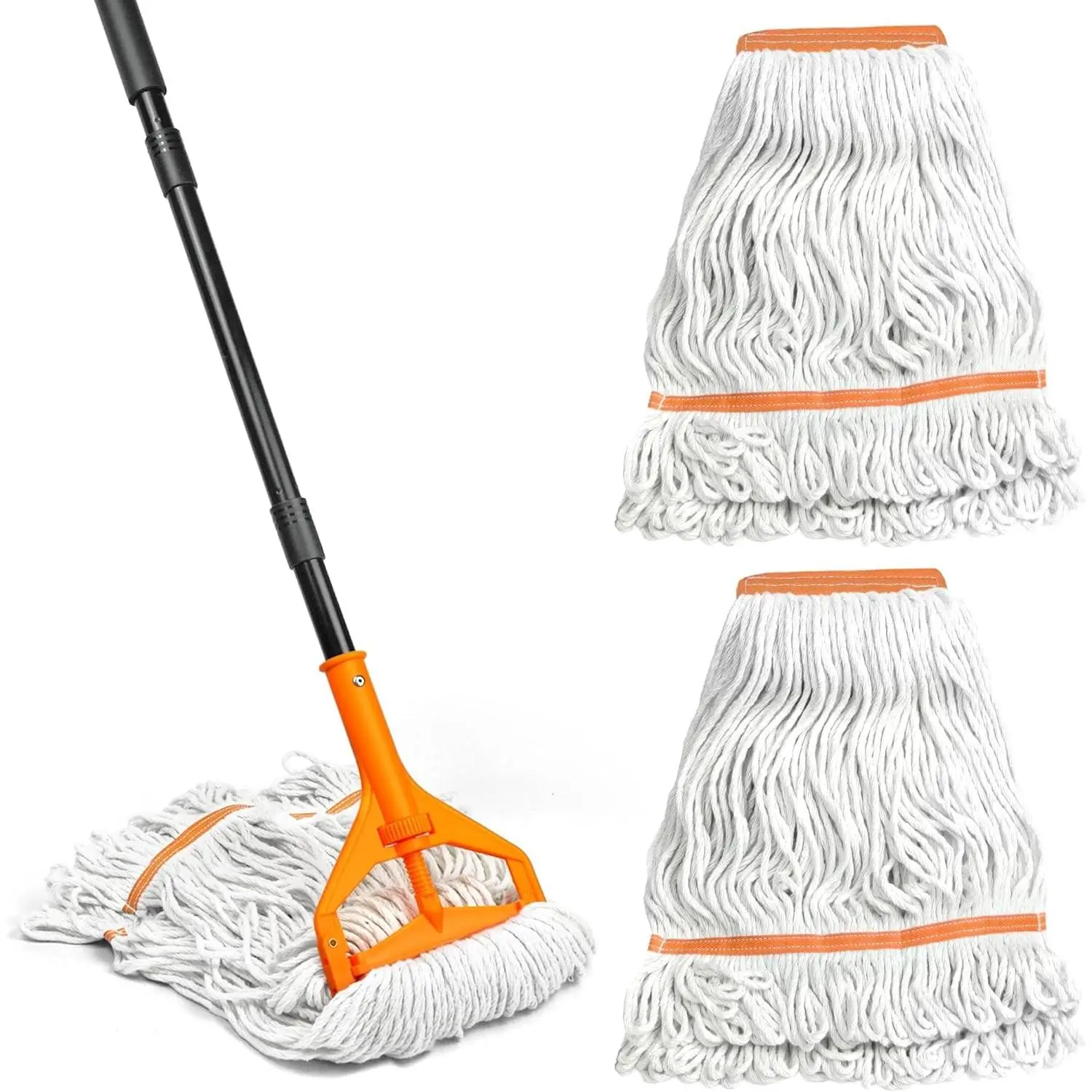 Commercial Mop with 3 Replacement Heads, 55” Long Handle Large Heavy Duty Industrial String Floor Cleaner, Professional Dry Wet Cotton Cleaning Tool for Concrete Tile Hardwood (Orange)
