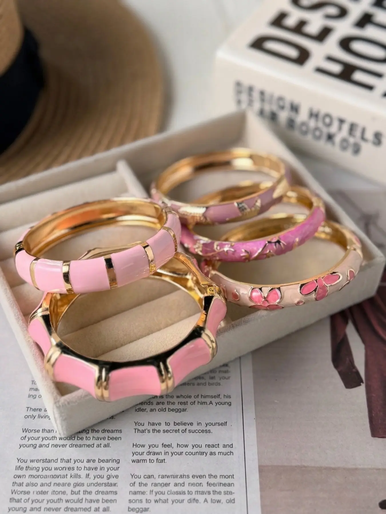 5Pcs Vintage Pink Enamel Open Cuff Bracelet Set Gold Bamboo Joint Floral Butterfly Embossed Bangle Retro Sweet Stack Wrist Jewelry Women Daily Vacation Party Accessories