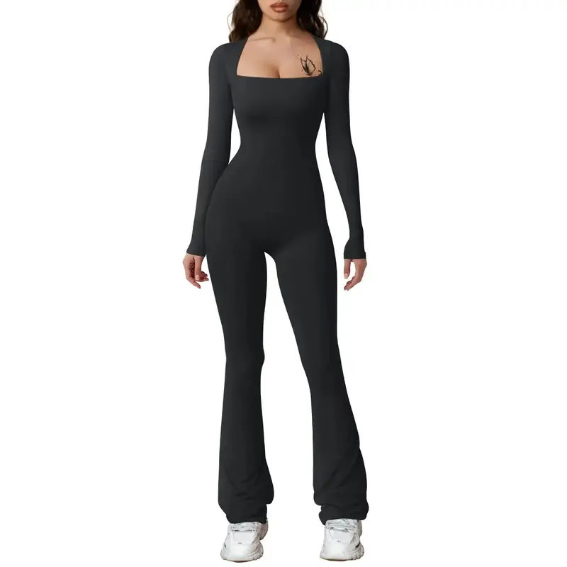 Women's Fall Long Sleeve Square Neck Wide Leg Yoga Party Daily One Piece Jumpsuit Womenswear Overalls Nylon Comfort
