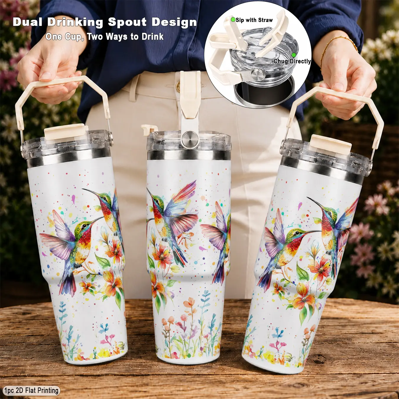 30oz 304 Stainless Steel Reusable Travel Tumbler Insulated Drink Cup, with Colorful Watercolor Hummingbird Flower Pattern, Dual Mouth Design Portable Handle Straw, Perfect for Picnic Gym Yoga, Holiday Birthday Gift for Women, Thermal Tumbler