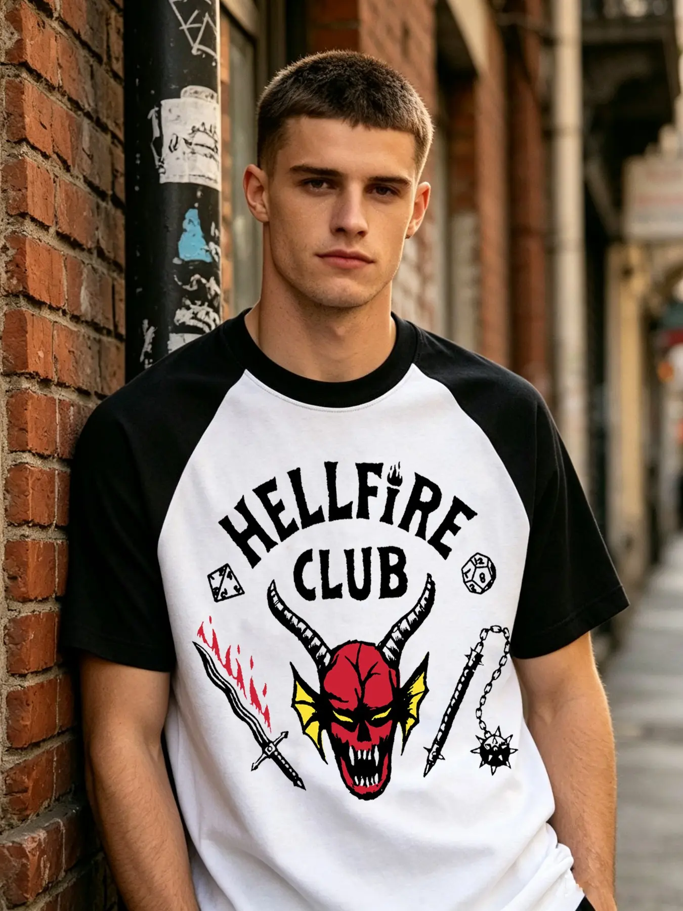 Stranger Things Hellfire Club Theme T-Shirt, Sporty Slim-Fit Long Sleeve Tee, All-Over Print Design, Perfect for Fans & Casual Wear