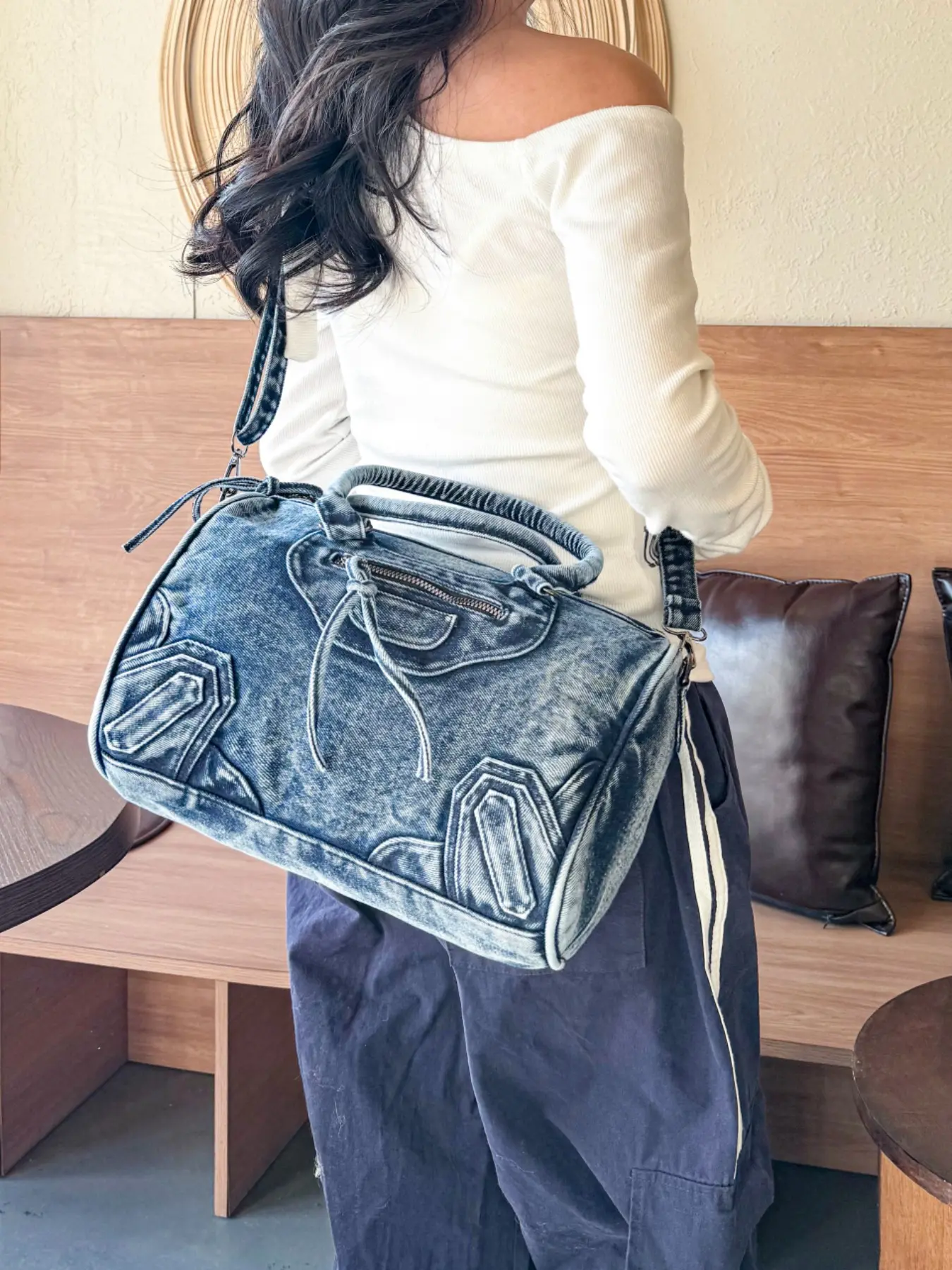 Vintage Denim Motorcycle Bag Large Capacity, Crossbody Shoulder Bag for Women, Trendy Handbag for Work and Vacation, Casual Fashion Bag
