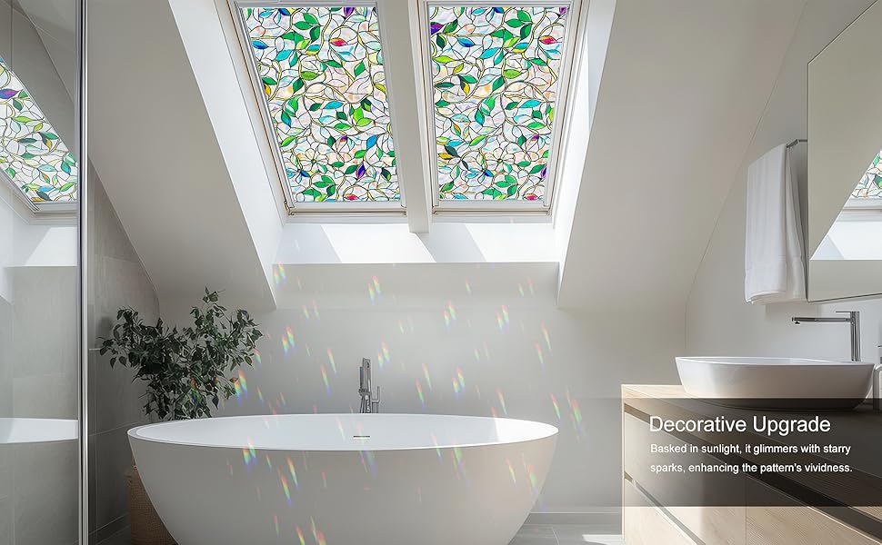 Stained Glass Window Film, Rainbow Privacy, One Way Decorative Tint, Static Cling, Renter Friendly for Home Bathroom Door
