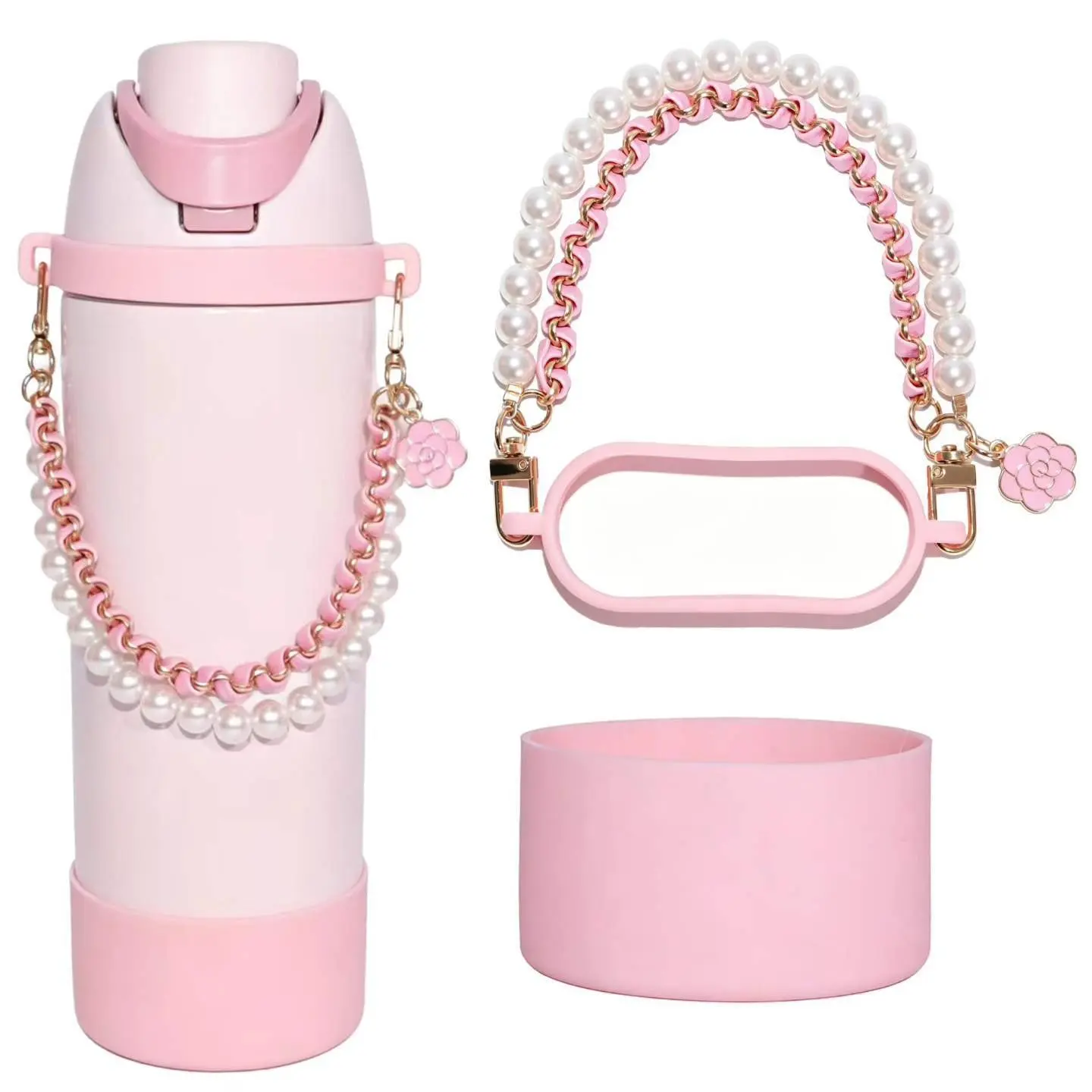 Stanley Cup Owala Water Bottle Accessory Set, Elegant Pearl Chain Silicone Cup Sleeve, Luxury Small Fragrance Style, High-End Design