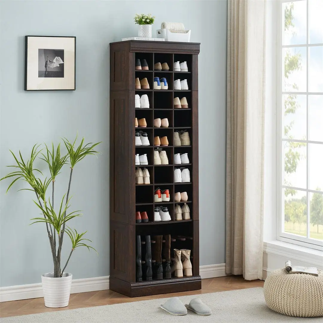 GARVEEShoe Storage Cabinet, Freestanding Tall Closet Shoe Organizer with Cubbies for 33 Pairs, Wooden Shoe Rack for Closet, Entryway, Living Room