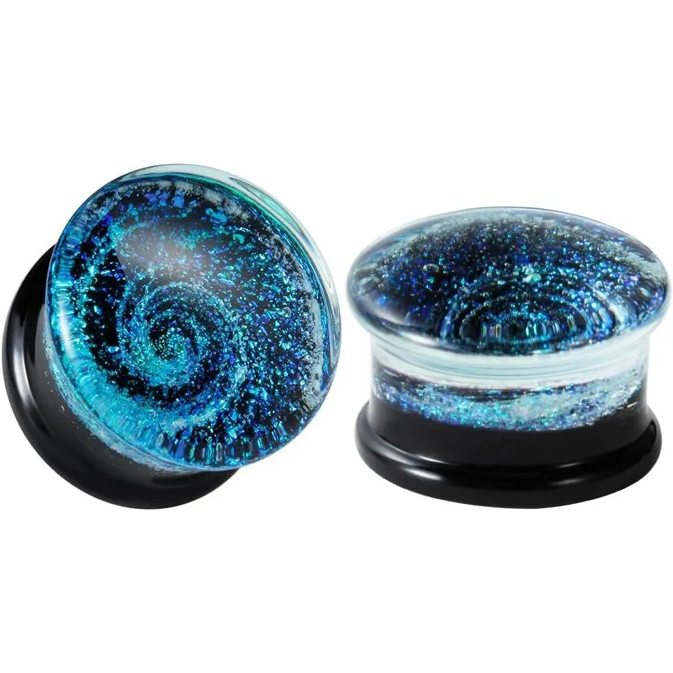 Glass Plugs And Tunnels Galaxy  Flared Expander Stretchers Pair  Packed  Size 2g(6mm) to 1 Inch(25mm).