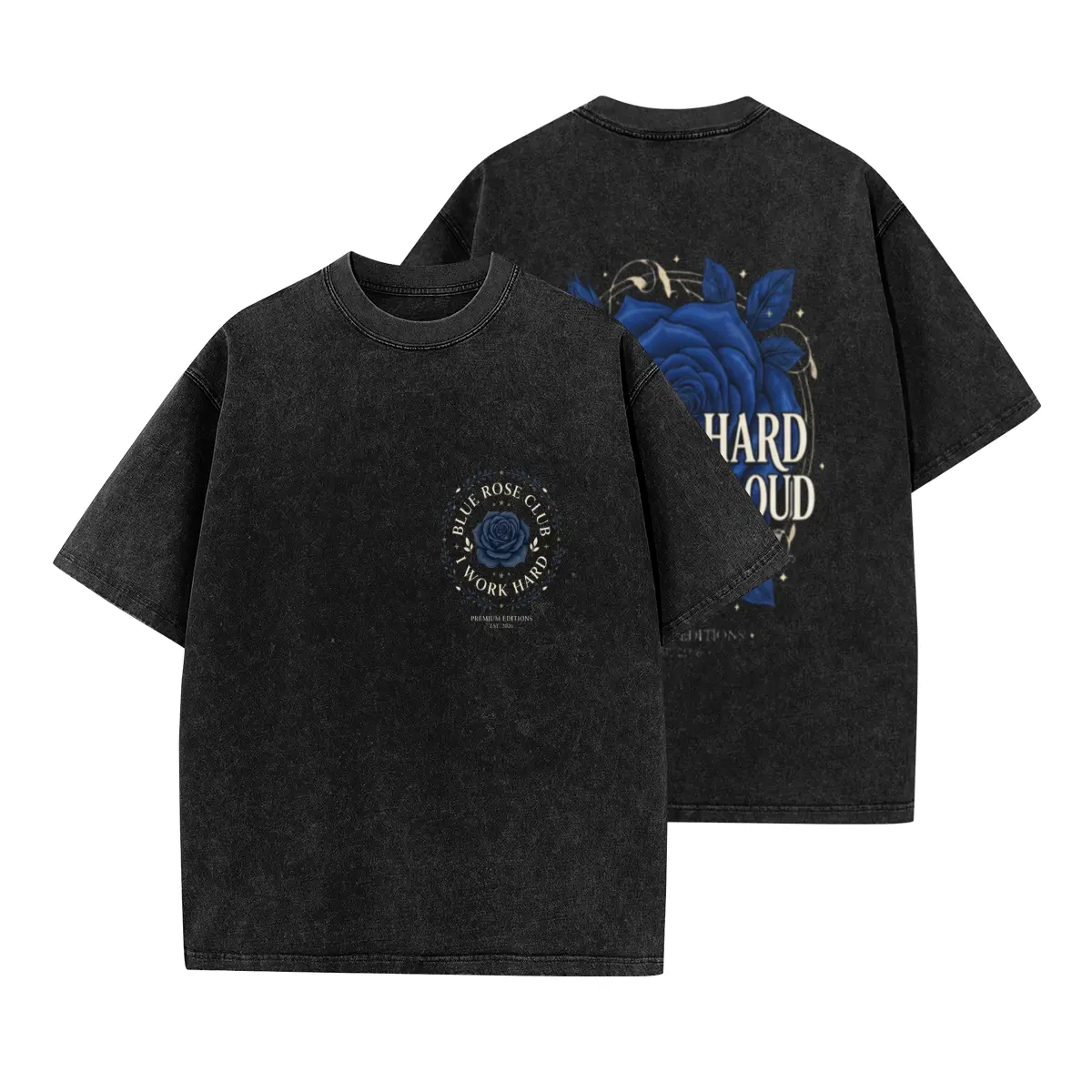 I Work Hard Soft Life Loud Vintage Washed T-Shirt Women, Blue Rose Graphic Tee, Oversized Front & Back Print Streetwear Shirt, Aesthetic Retro Cotton Top