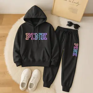 Women's Colorful PINK Print Hoodie And Drawstring Track Pants Set, Casual Sportswear, Long-Sleeved Hooded Jacket And Pants, Suitable For Autumn And Winter, Everyday Wear, Indoor And Outdoor Sportswear, Casual Sportswear