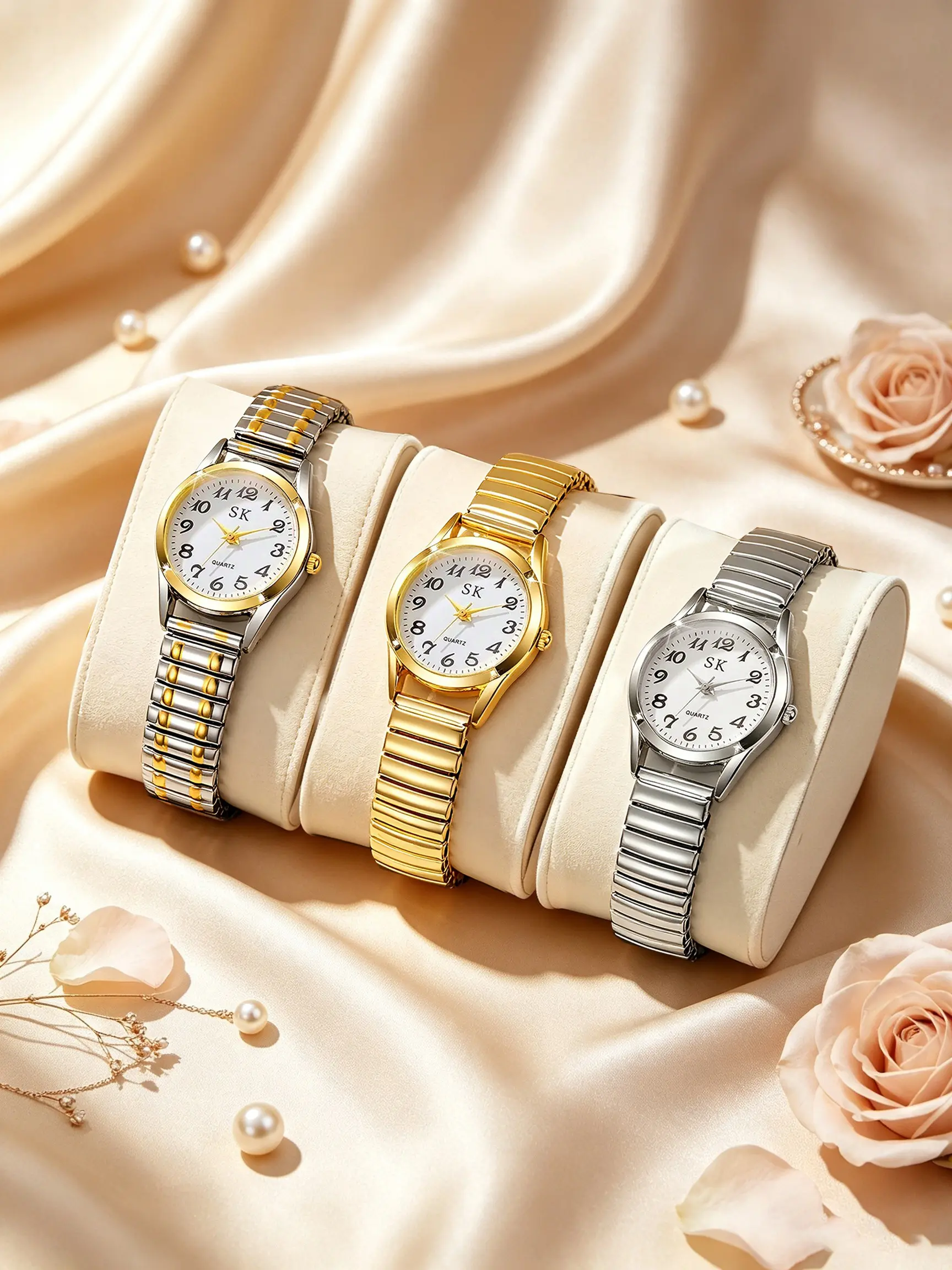 3-Piece Luxury Simple Women's Round Watch Set, Elastic Band, Elegant Fashion, Fashion Quartz Watch, Perfect Gift for Valentine's Day, Halloween, Mother's Day, Christmas