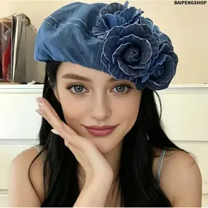 Women's Colorblock Denim Beret with 3D Floral Applique, Adjustable Painter Style Hat for Daily Wear & Street Style, Business, Quick-Drying