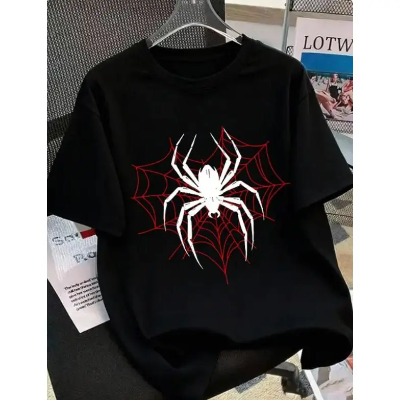 Unisex Oversize T Shirts - Streetwear Summer Sports Top, White Spider Red Web Dark Punk Print, CVC Fabric, Soft Breathable Heat Transfer, Loose Fit, Multi-Size, Machine Wash for Grunge Urban Daily Outfits, Spider Print