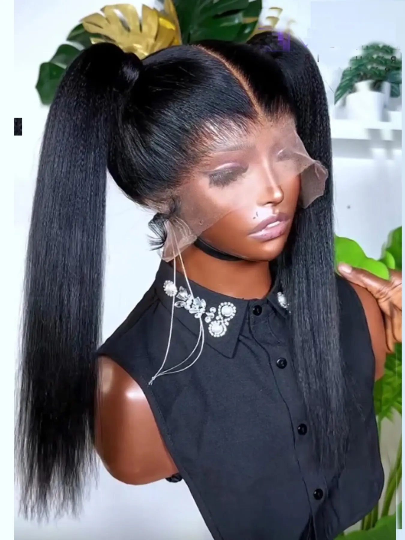 Soft No-Adhesive Pre-Pulled 13x4 Lace 30-Inch Long 180% Density Daily Yaki Tie-Front Wig, Heat-Resistant Full Lace Wig, Lace Frontal Wigs