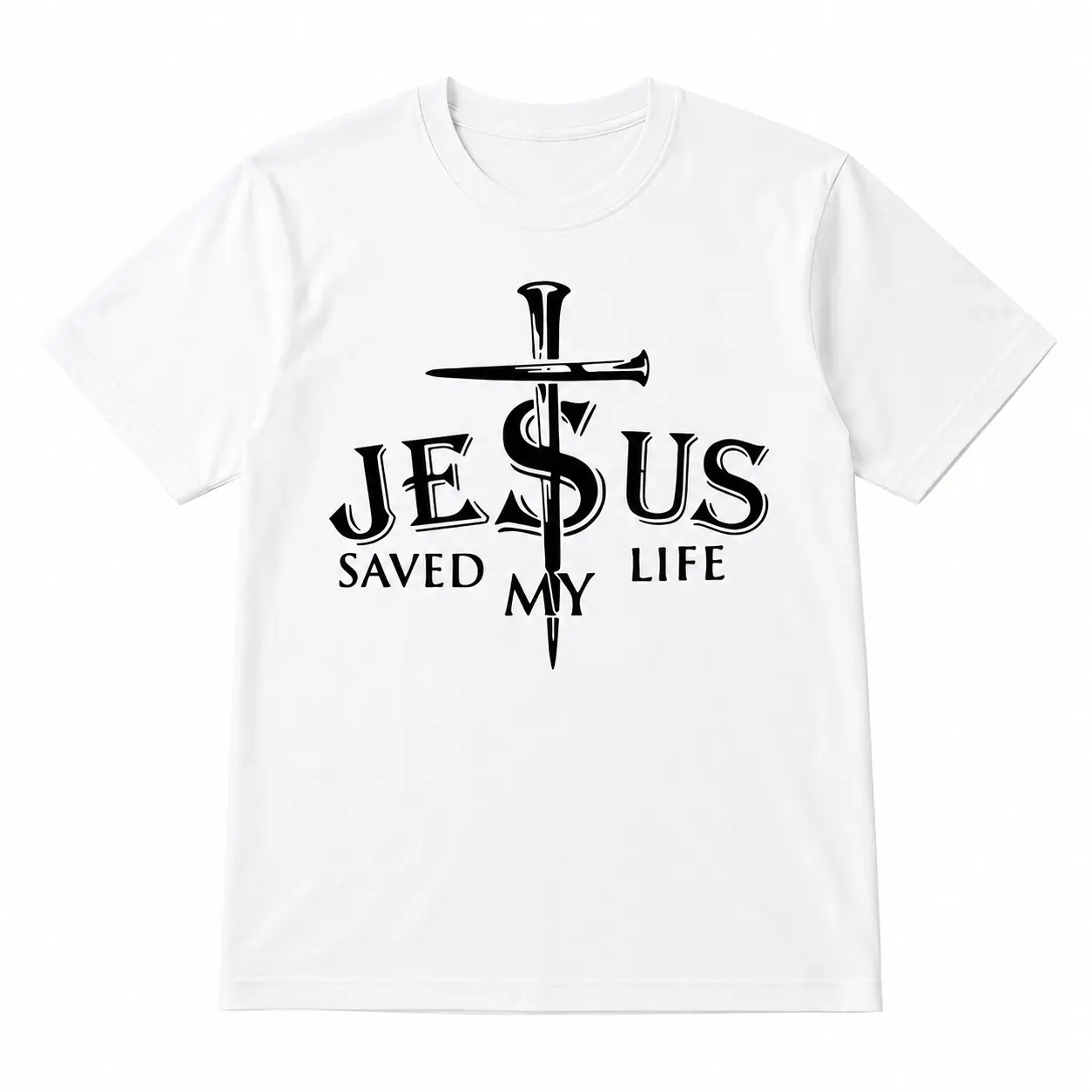 Men's Fitted Christian Top with Short Sleeves, a "Saved My Life" Cross Graphic Print and Casual Crew Neck - Male Faith-Based Menswear, Tshirt