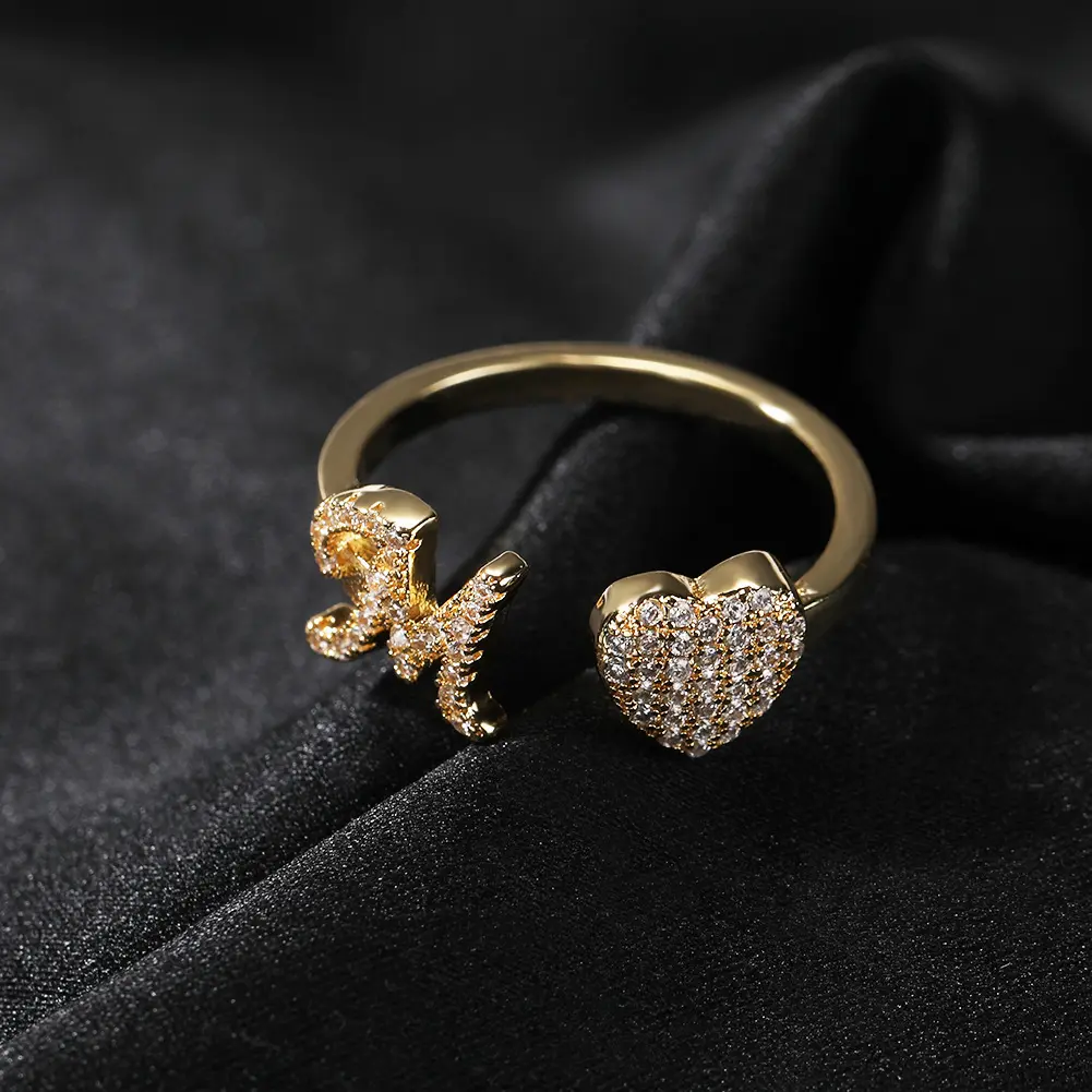14K Gold Plated Initial Rings, Open Adjustable Heart Trendy Cubic Zirconia Letter A-Z Rings, Gold/Silver/Rose Gold Personalized Ring No Tarnish, Hypoallergenic Birthday Gifts Daily Vacations, Party Wear, Jewelry