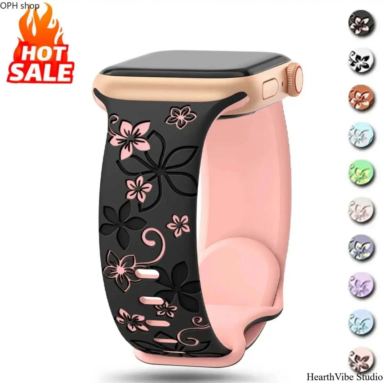 Floral Engraved Silicone Sport Watch Band for Apple Watch 40-49mm, Compatible with Series 9/10/11/SE/Ultra 2, Soft Flexible Lightweight Breathable Fashion Replacement Strap for Fitness Running