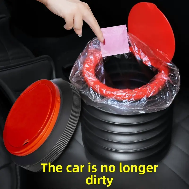 Creative Retractable Foldable Plastic Car Trash Bin with Red Flip-Top Lid, Multi-Purpose Vehicle Interior Storage Container, Portable Waste Holder & Sundries Organizer, Universal Car Accessory