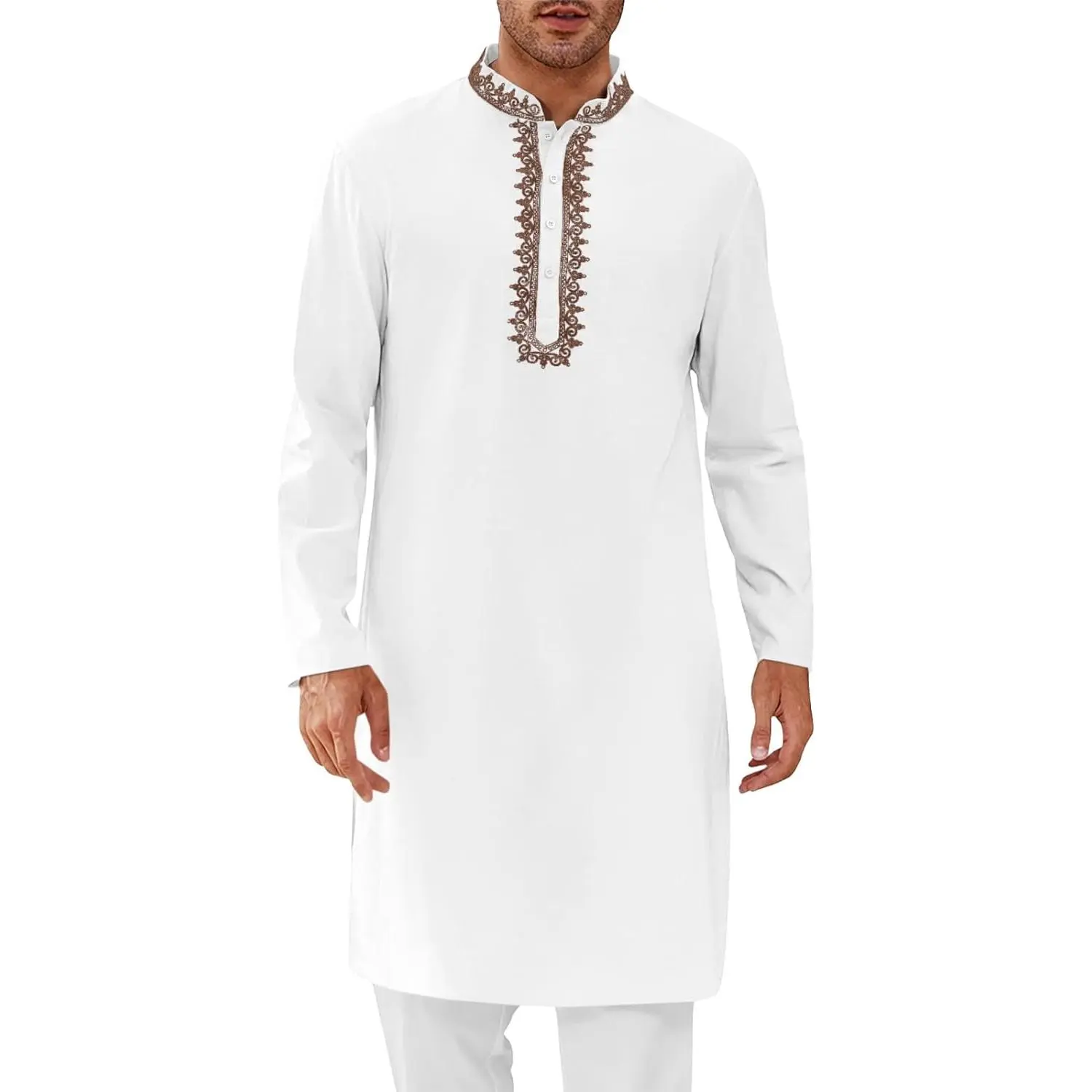 Runcati Mens Kaftan Thobe Cotton Henley Shirt Long Sleeve Embroidery Robe Casual Kurta Muslim Gown Shirt