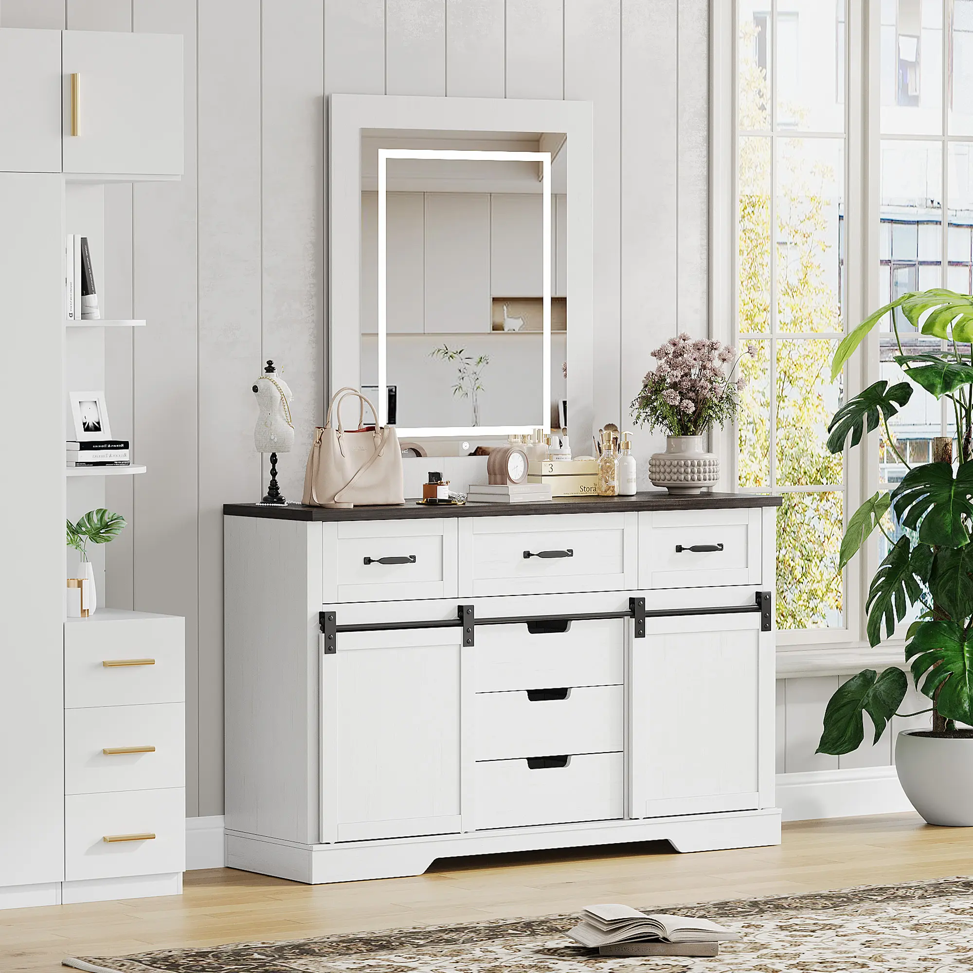 Garvee 47.2 In Farmhouse Dresser, 6 Drawer Dresser with 2 Sliding Barn Doors, Lighted Mirror, Adjustable Shelves, White Wooden Chest of Drawers, Large Storage Cabinet for Bedroom