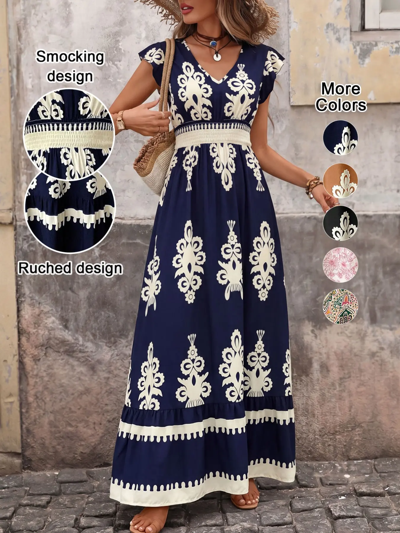 Women's V Neck Ruffle Hem A-Line Dress, Ruffled, Elegant Aesthetic Geometric All over Print, Elastic Waist, Moderate Fabric, Casual Vacation Wear