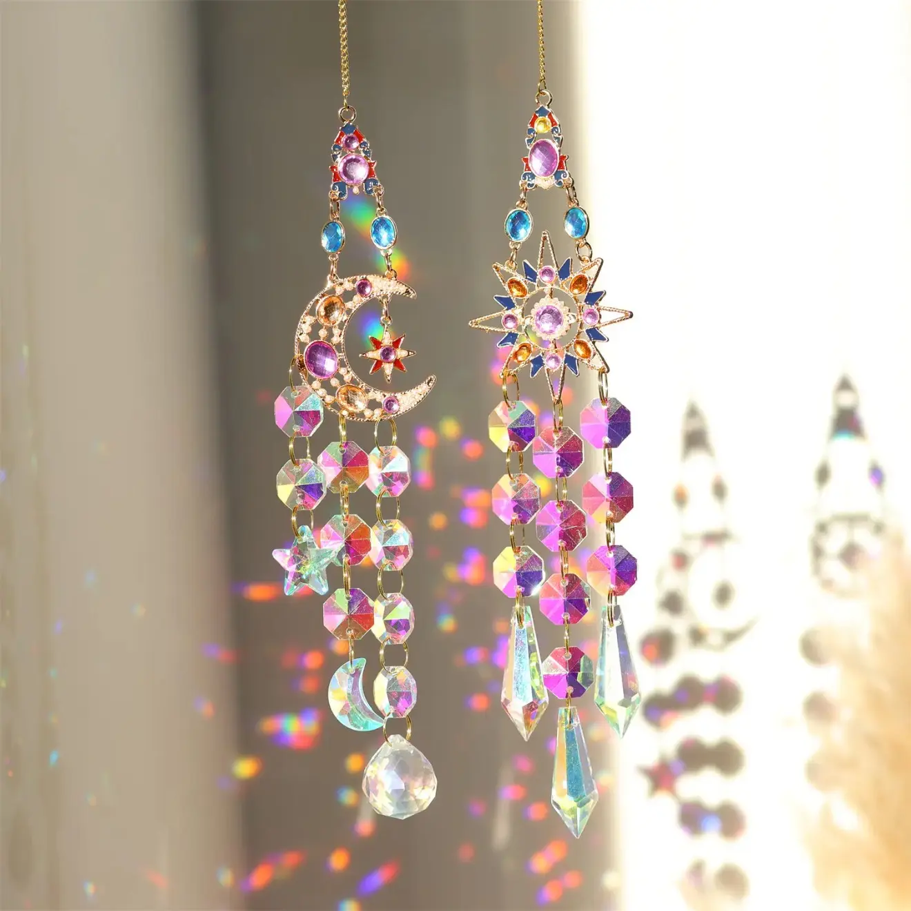 Colorful Gemstone Wind Chime, Decorative Sun Catcher with Butterfly, Star & Moon Designs, Ornamental All Seasons Garden Accessories, Chimes, Outdoor, Decorates, Outdoor Garden Accessories, Backyard Garden Accessories