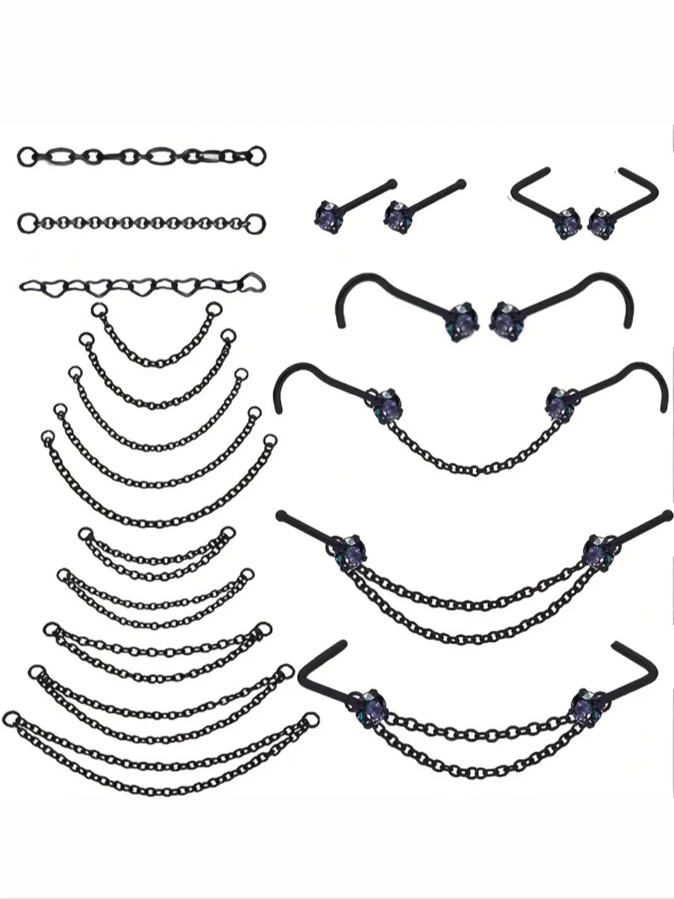 Nose Ring Chain Across Nose Black Stainless Steel Nostril Nose Piercing Chain with 2mm Cubic Zirconia Nose Screw Bone L-Shaped Ring for Women Body Piercing Nostril Jewelry with Bridge Chain