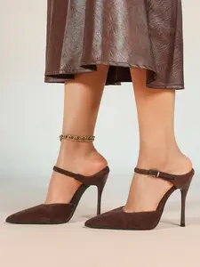 Women's Pointed Toe Stiletto Slingback Sandals with Metal Square Buckle - Comfortable Suede Single Strap Heels for Office & Party, All Seasons Versatile (Black, Burgundy, Brown)